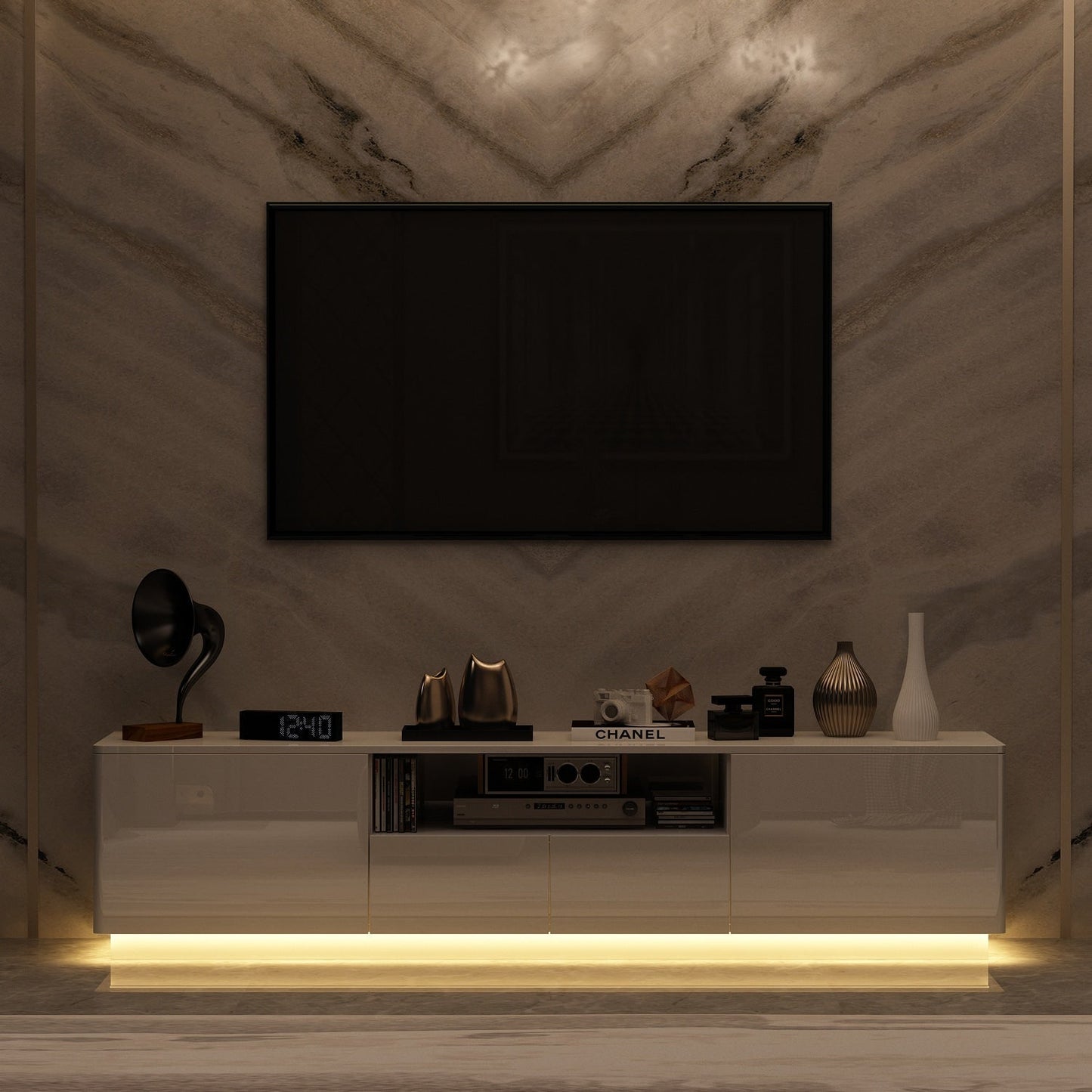 FUFU&GAGA Modern  TV Stand for 70-75 inch TVs with Large Storage 4 Drawers with Lights for Gaming, Living Room, Bedroom