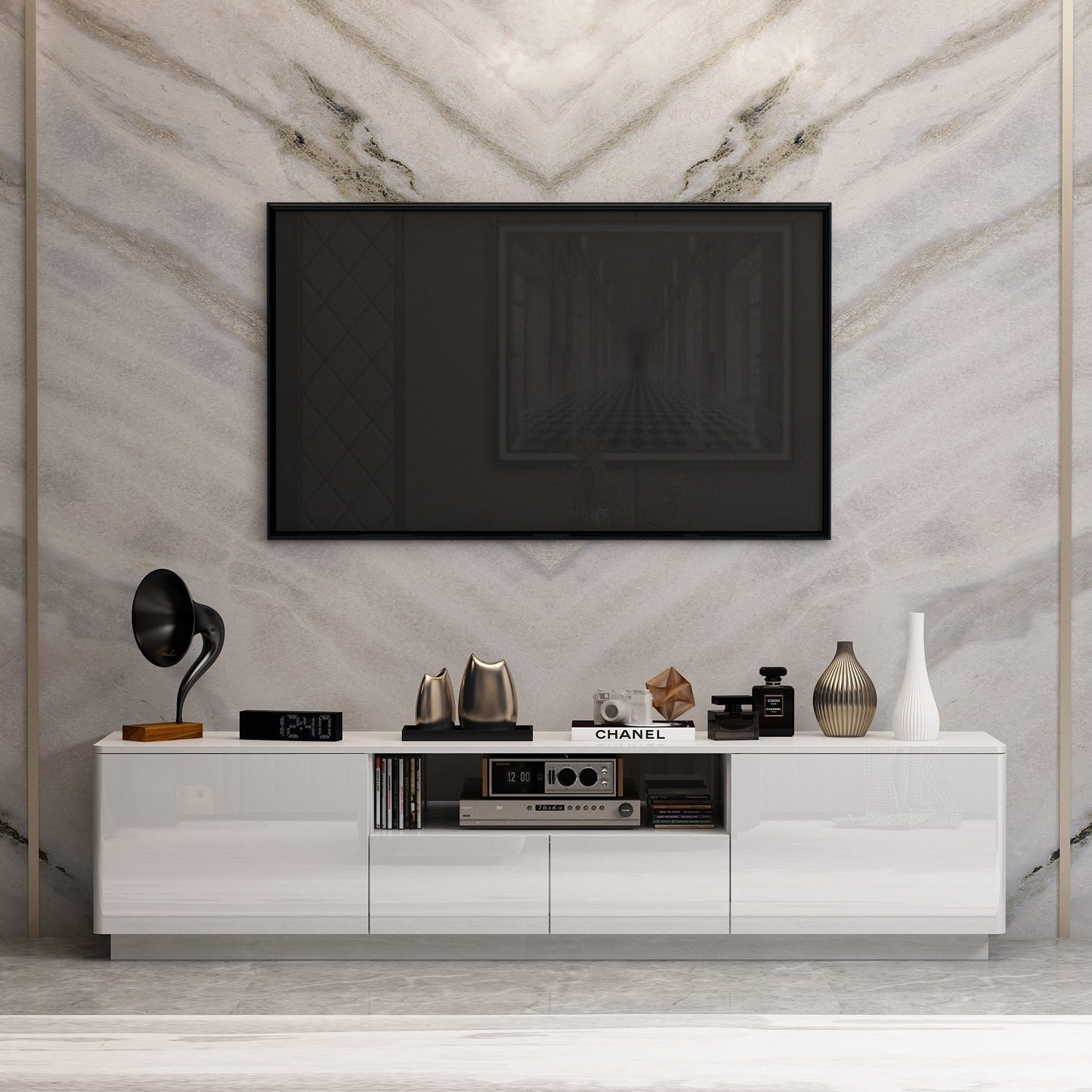 FUFU&GAGA Modern  TV Stand for 70-75 inch TVs with Large Storage 4 Drawers with Lights for Gaming, Living Room, Bedroom