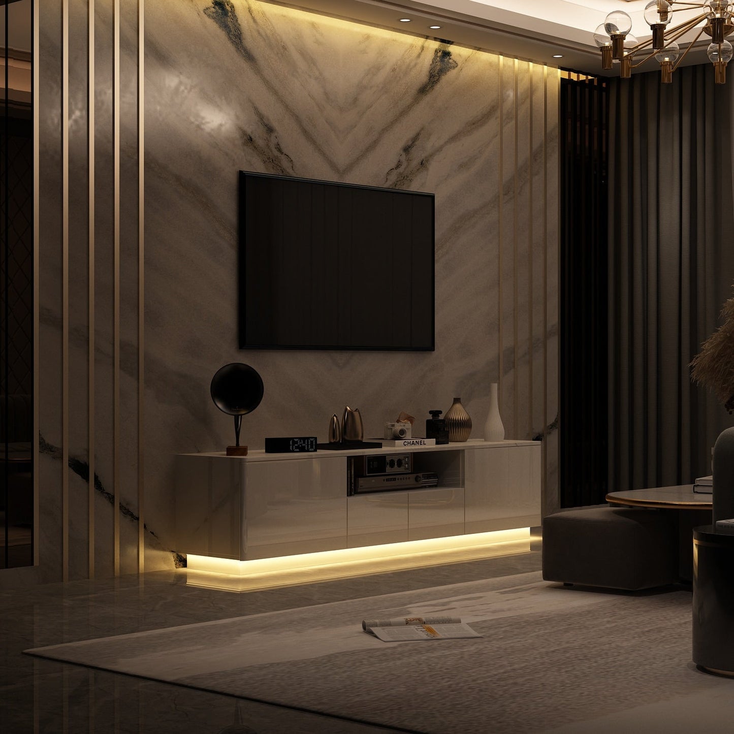 FUFU&GAGA Modern  TV Stand for 70-75 inch TVs with Large Storage 4 Drawers with Lights for Gaming, Living Room, Bedroom
