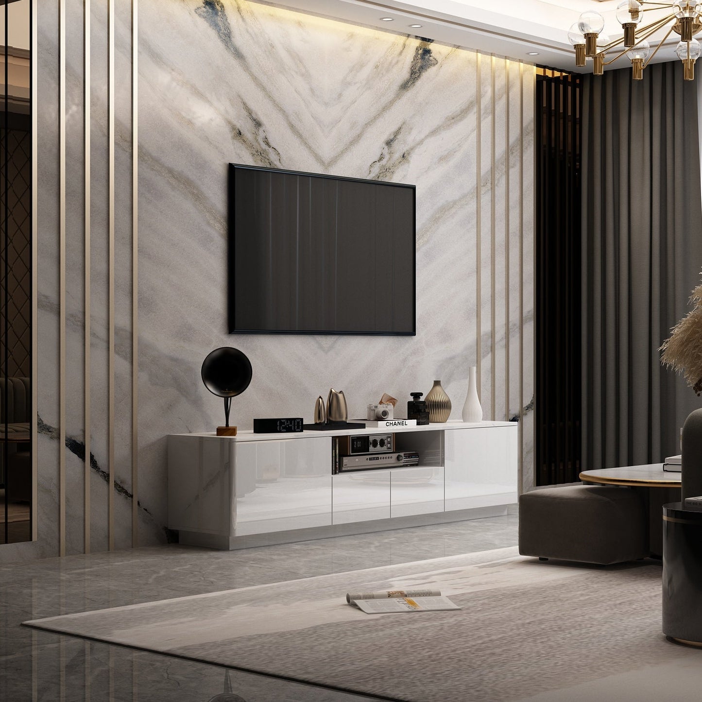 FUFU&GAGA Modern  TV Stand for 70-75 inch TVs with Large Storage 4 Drawers with Lights for Gaming, Living Room, Bedroom