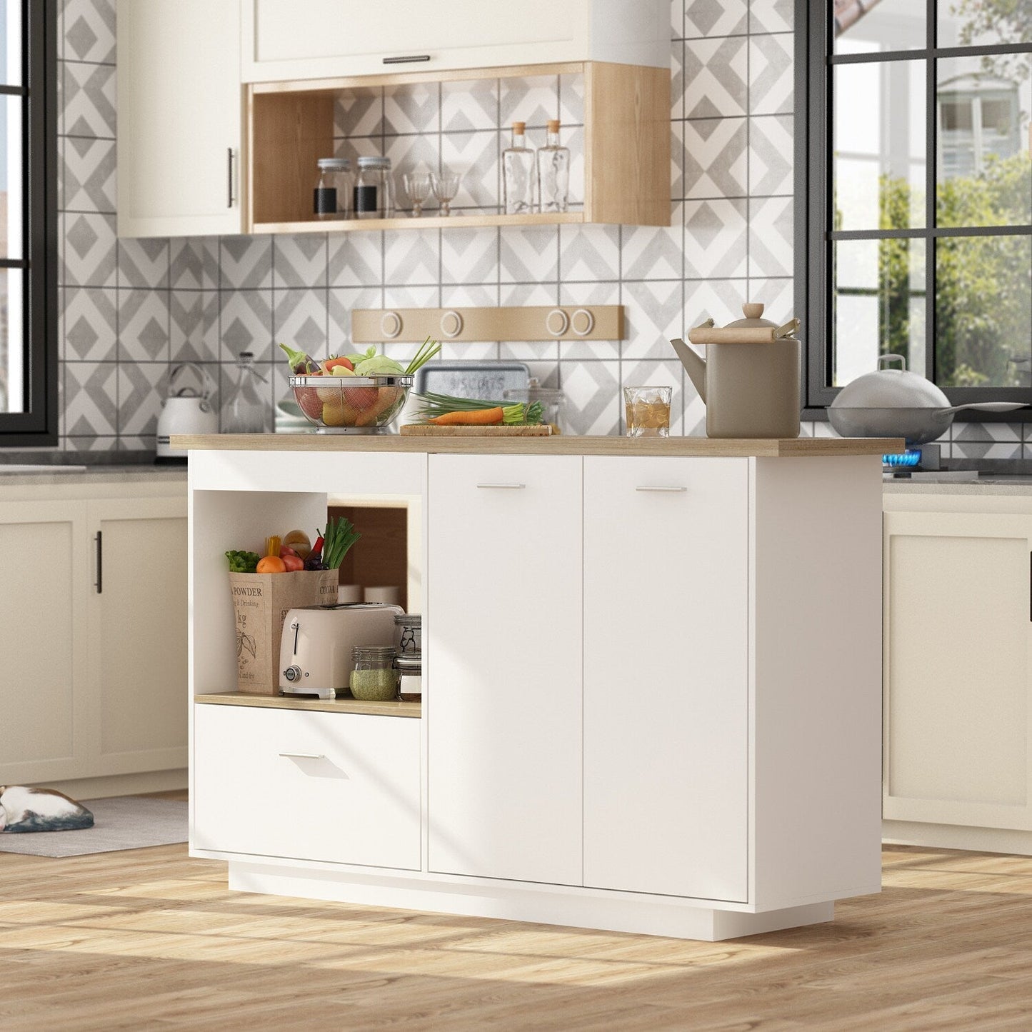 FUFU&GAGA White Mdf Base with Mdf Top Kitchen Cart (31.5-in x 59.1-in x 35.8-in)