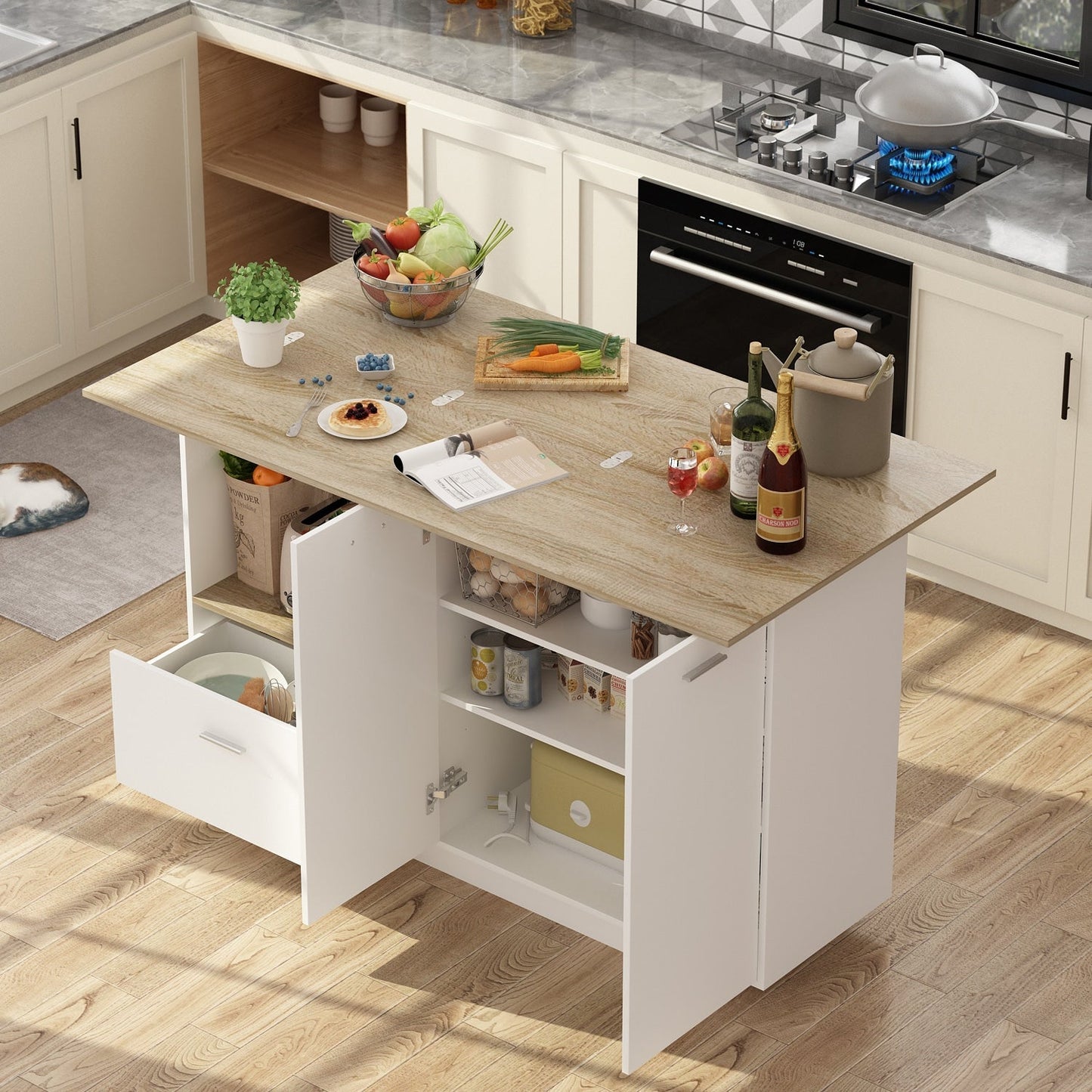 FUFU&GAGA White Mdf Base with Mdf Top Kitchen Cart (31.5-in x 59.1-in x 35.8-in)