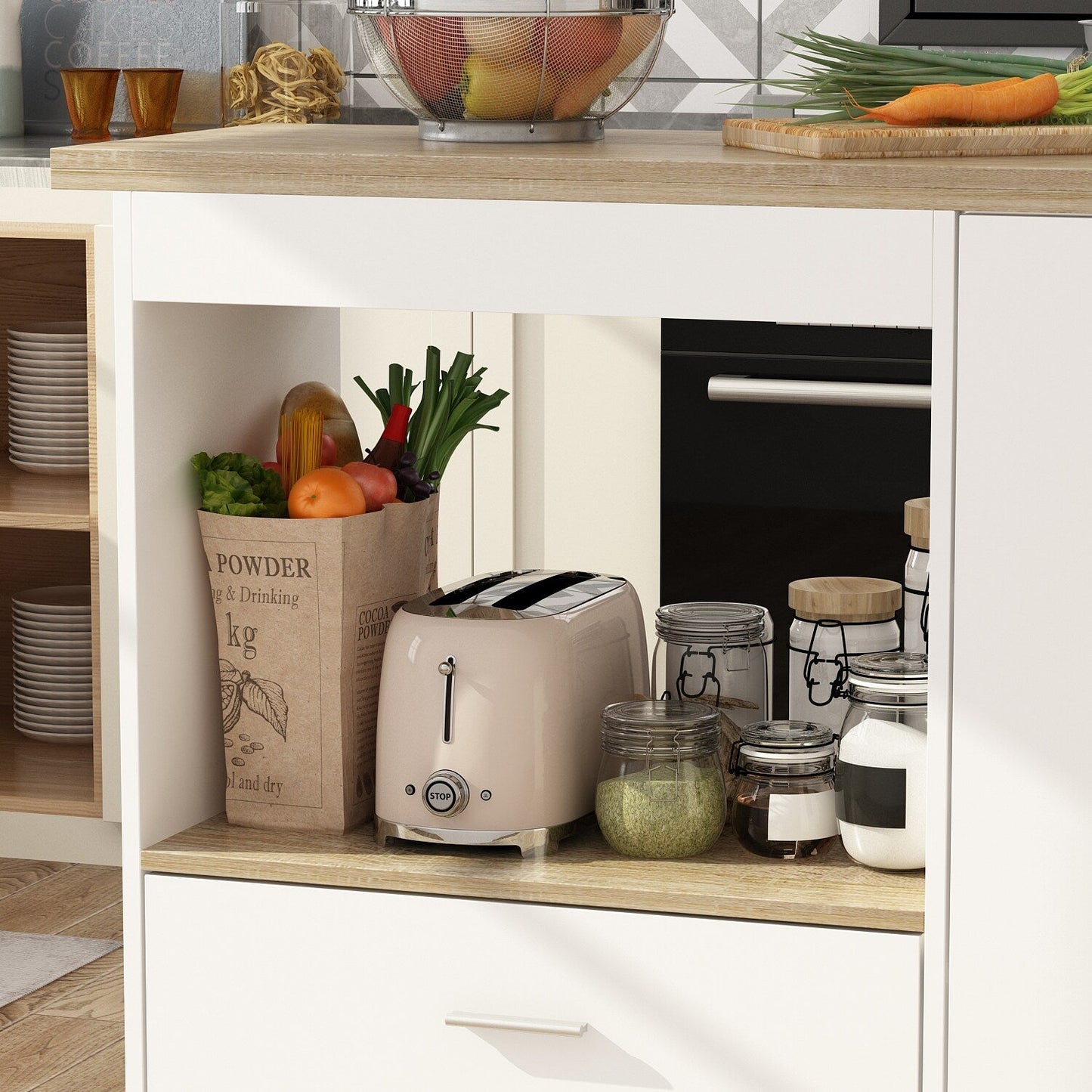 FUFU&GAGA White Mdf Base with Mdf Top Kitchen Cart (31.5-in x 59.1-in x 35.8-in)