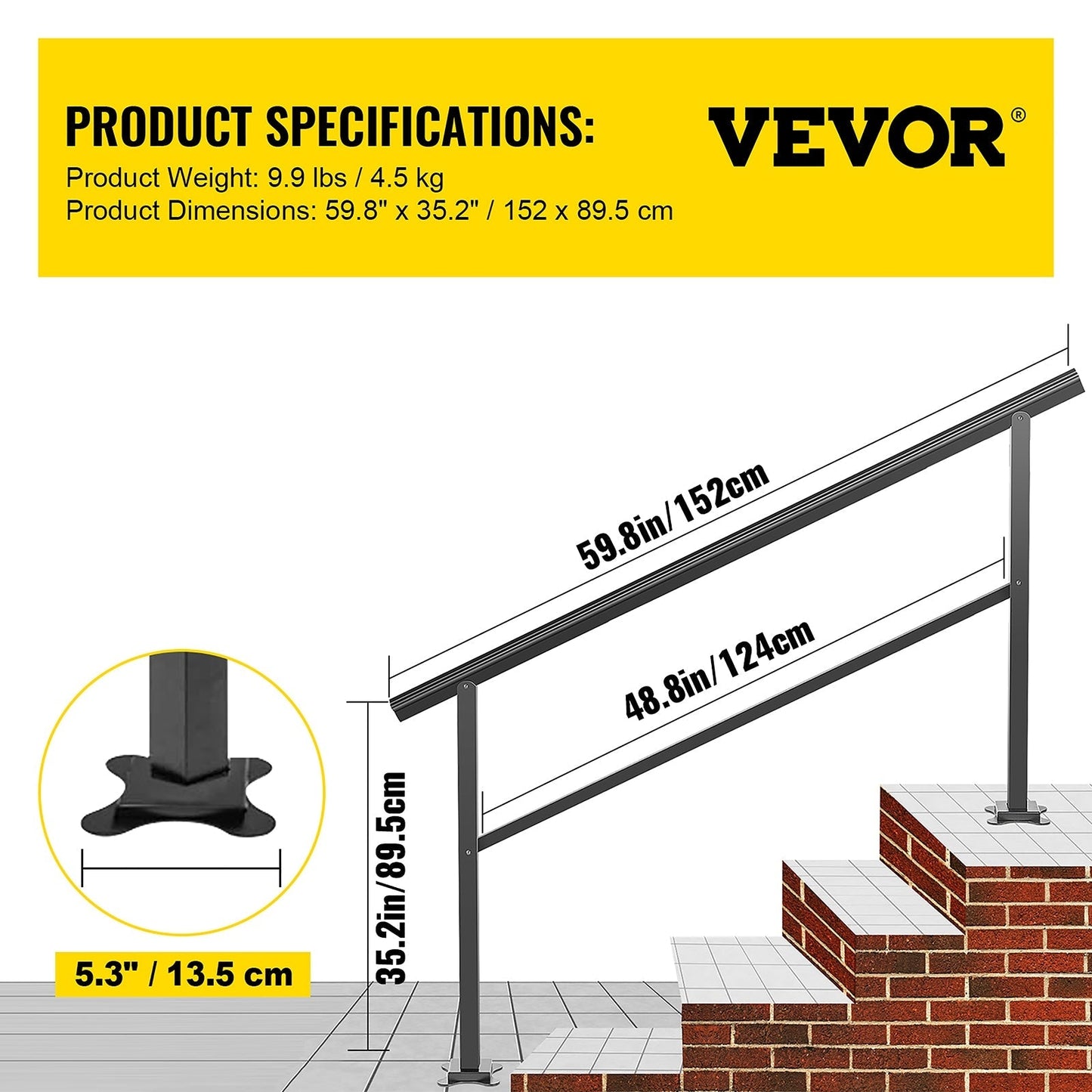 VEVOR 4-5 Steps Aluminum Handrail 4.98-ft x 35.2-in Aluminum Deck Handrail Kit