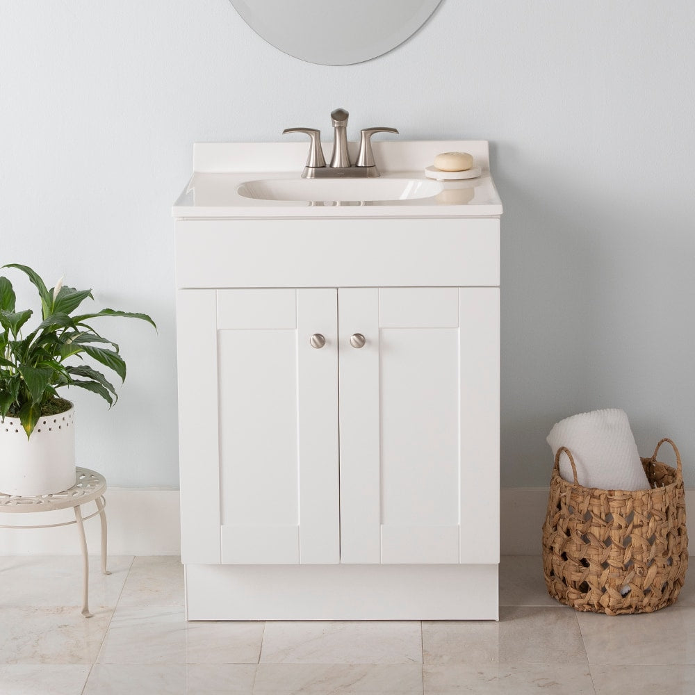 Project Source 24.5-in True White Single Sink Bathroom Vanity with White Cultured Marble Top, Dover Collection