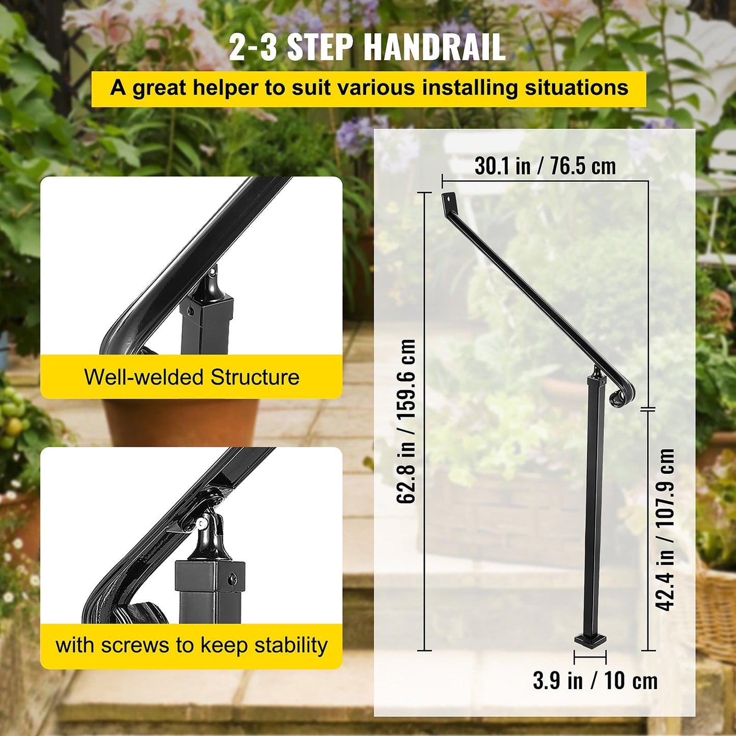VEVOR 2-3 Steps Handrail 2.5-ft x 42.4-in Wrought Iron Pressure Treated Steel Deck Handrail Kit