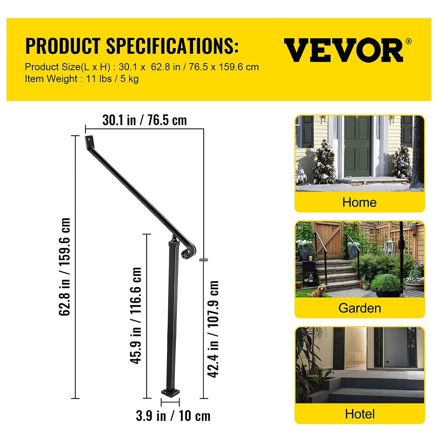 VEVOR 2-3 Steps Handrail 2.5-ft x 42.4-in Wrought Iron Pressure Treated Steel Deck Handrail Kit