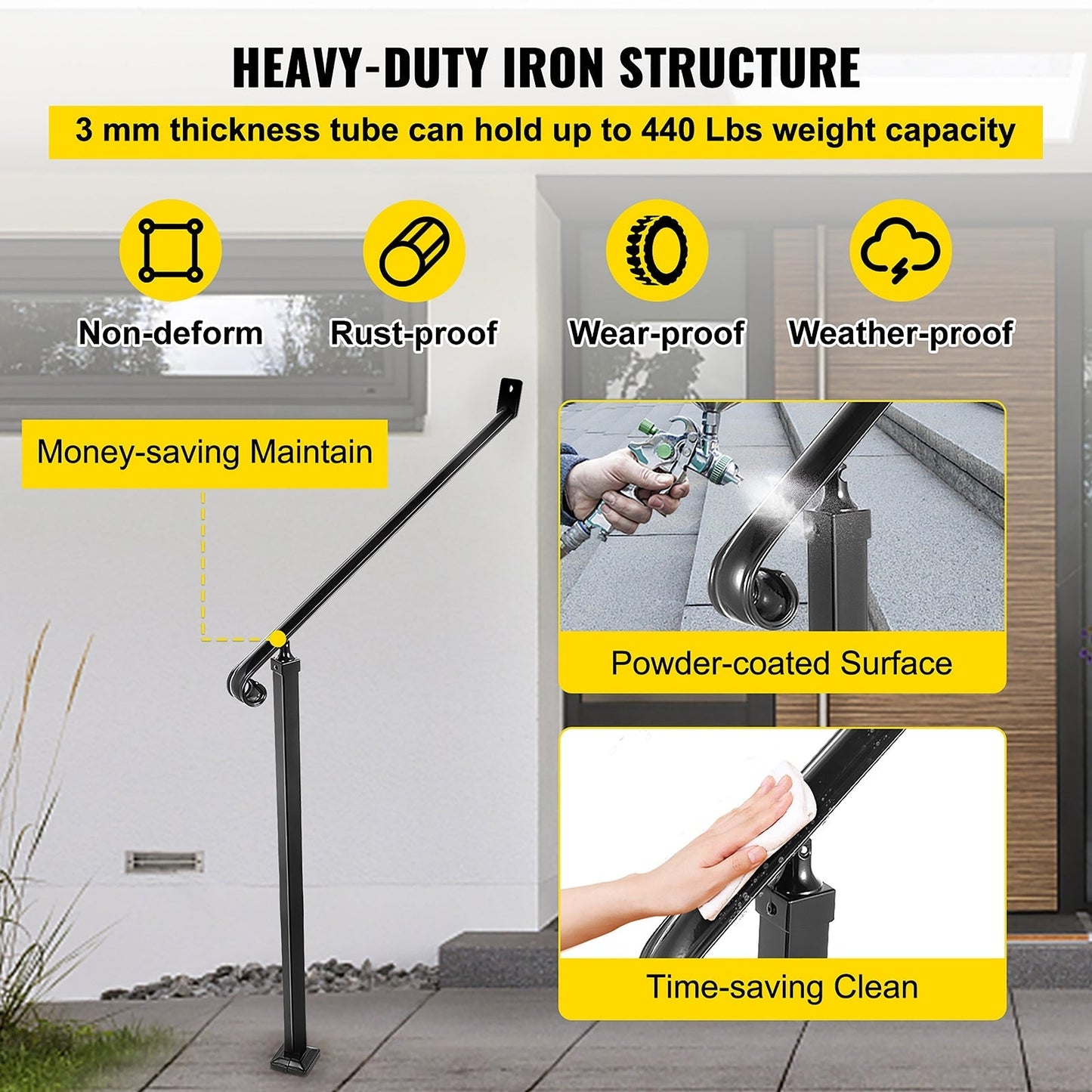 VEVOR 2-3 Steps Handrail 2.5-ft x 42.4-in Wrought Iron Pressure Treated Steel Deck Handrail Kit