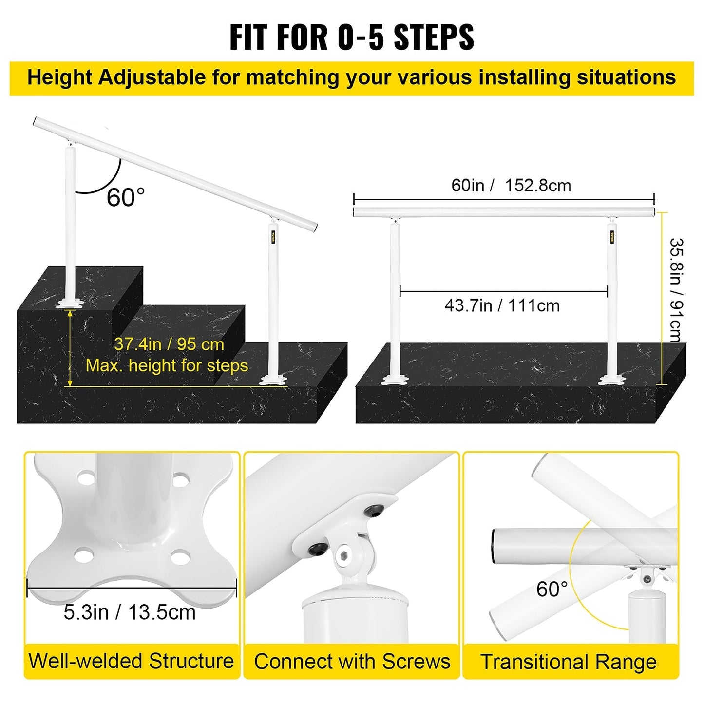 VEVOR 5FT White Stair Handrail 5-ft x 35.8-in Aluminum Pressure Treated Aluminum Deck Handrail Kit