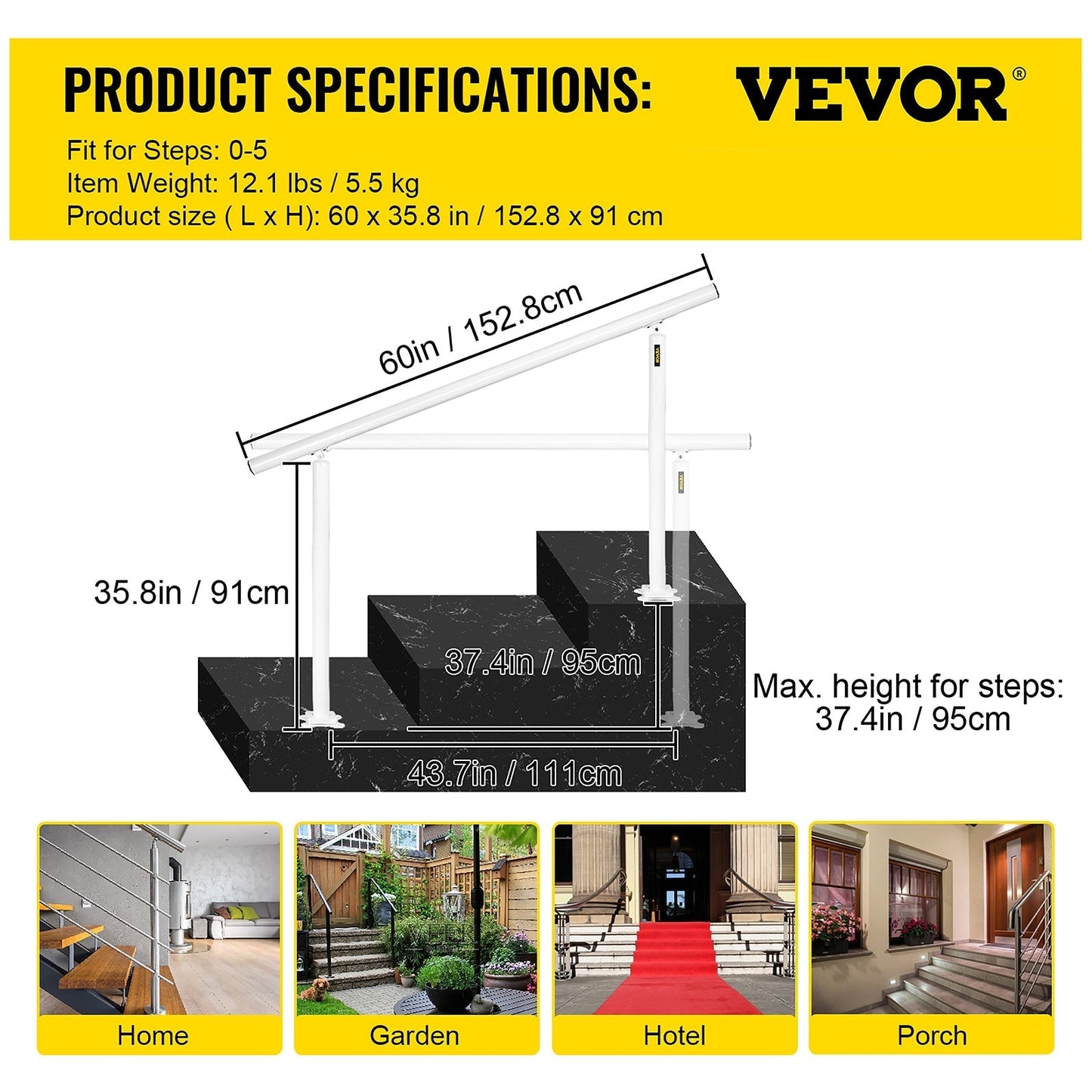 VEVOR 5FT White Stair Handrail 5-ft x 35.8-in Aluminum Pressure Treated Aluminum Deck Handrail Kit