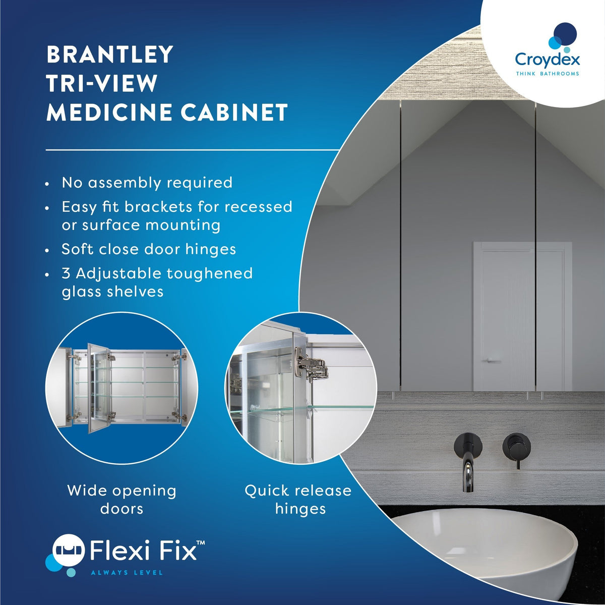 Croydex 36-in x 26-in Surface/Recessed Mount Silver Mirrored Soft Close Medicine Cabinet