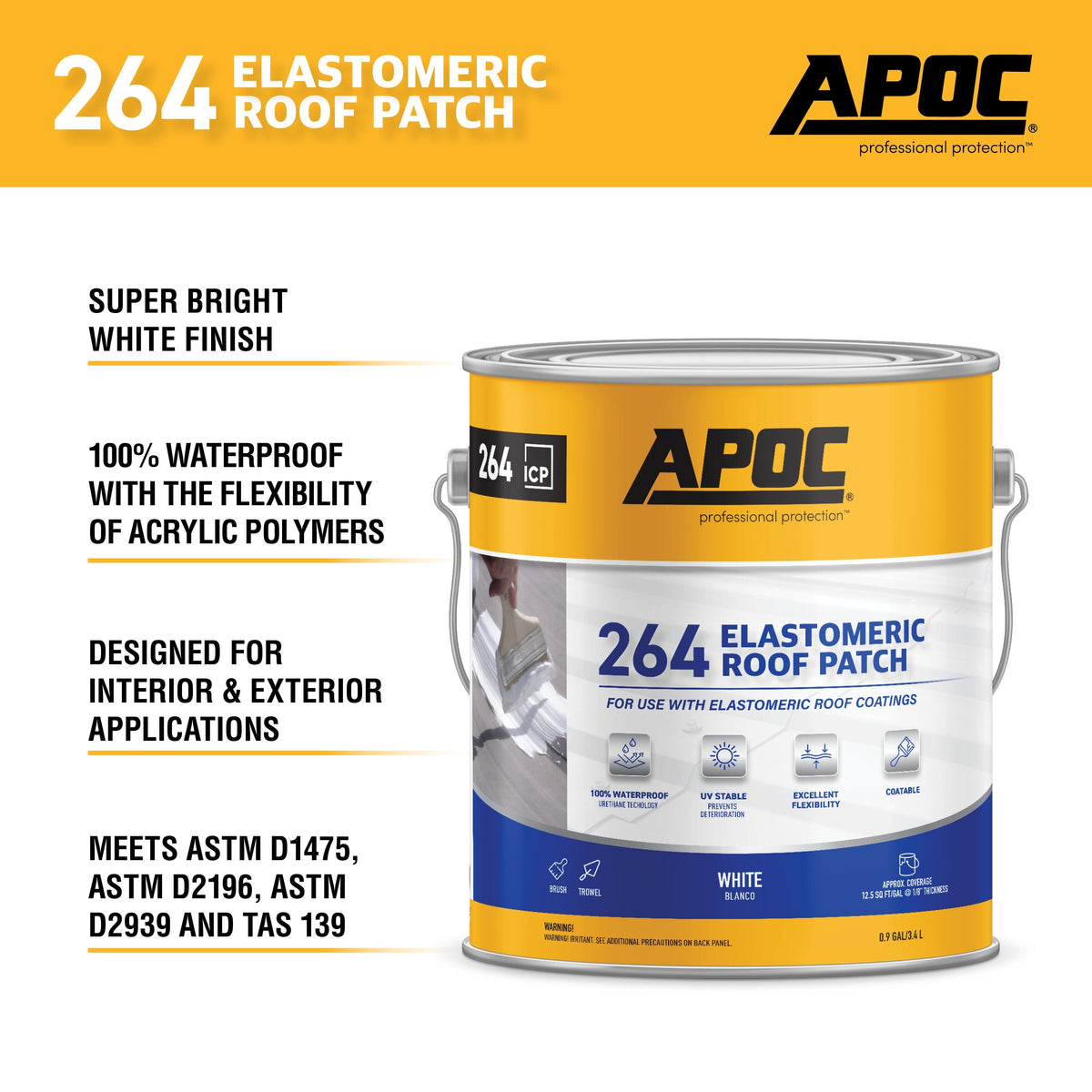APOC 264 Fibered Waterproof Elastomeric Roof Patch, White, 0.9-Gallon
