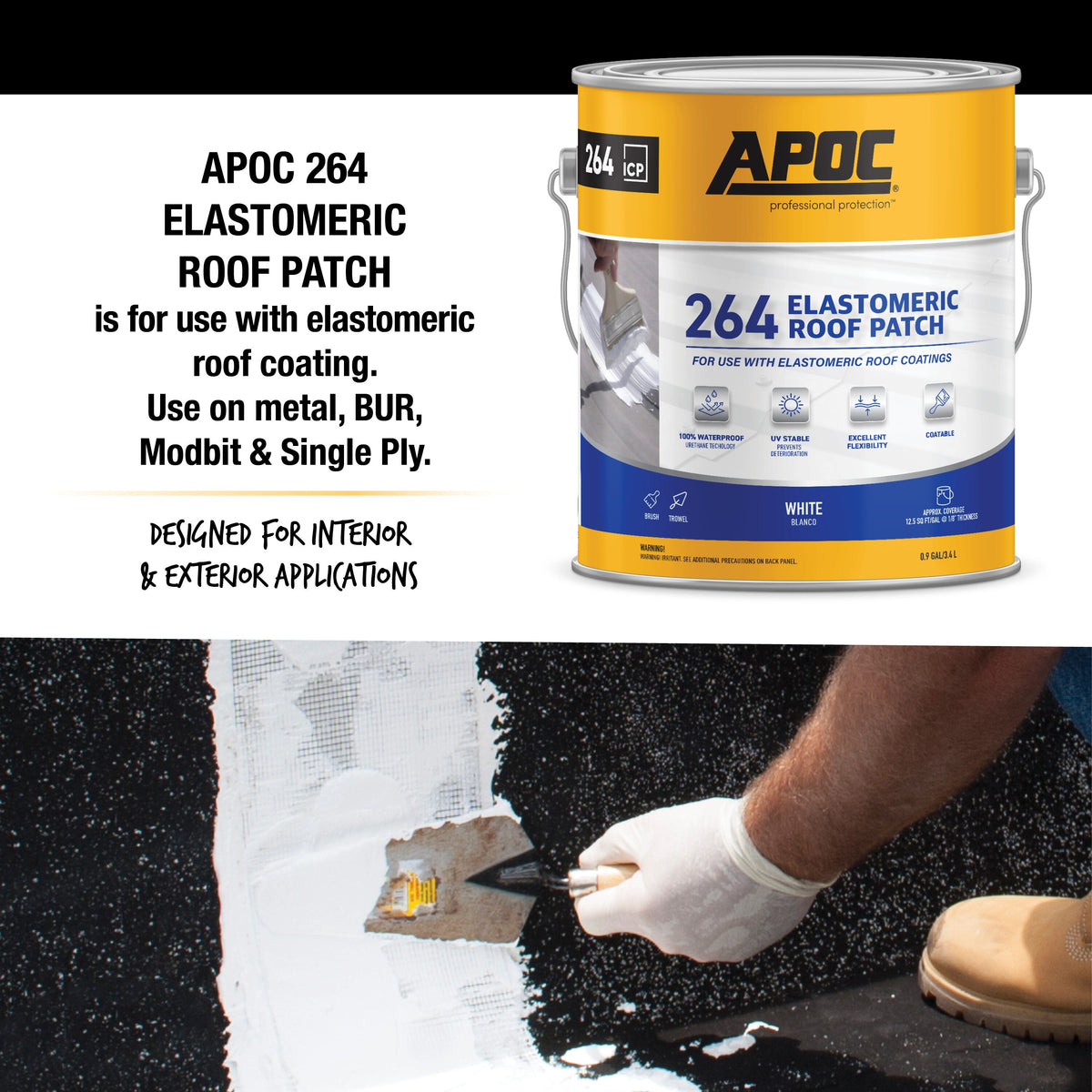 APOC 264 Fibered Waterproof Elastomeric Roof Patch, White, 0.9-Gallon