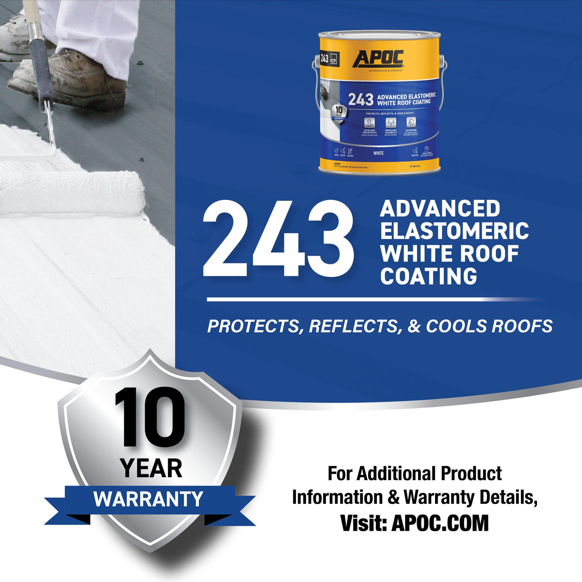 APOC 243 Advanced Elastomeric White Roof Coating, 0.9-Gallon – 10-Year Limited Warranty