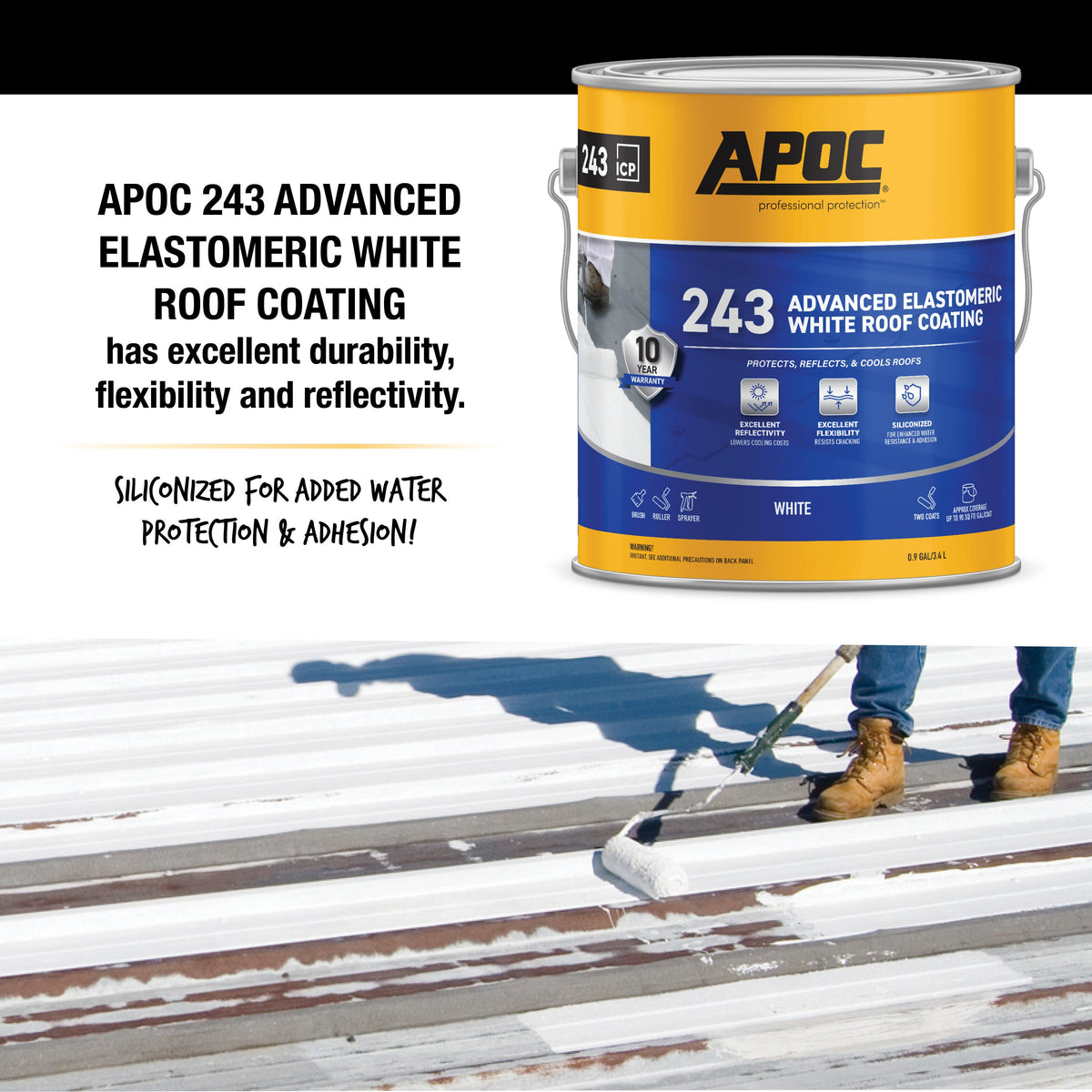 APOC 243 Advanced Elastomeric White Roof Coating, 0.9-Gallon – 10-Year Limited Warranty