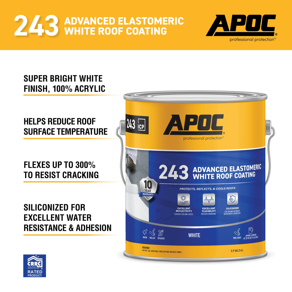 APOC 243 Advanced Elastomeric White Roof Coating, 0.9-Gallon – 10-Year Limited Warranty