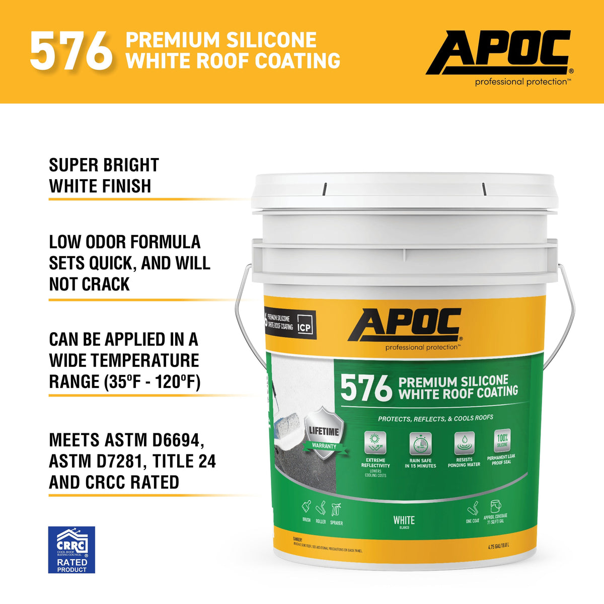 APOC 576 Premium Silicone White Reflective Roof Coating, 4.75-Gallon (Lifetime Warranty)