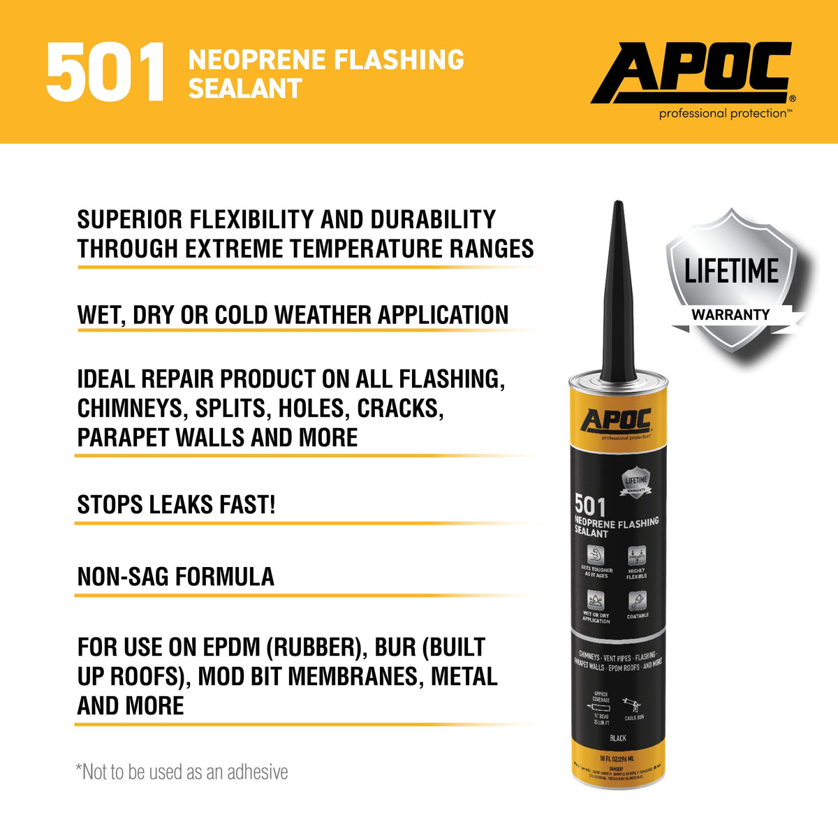 APOC 501 Neoprene Elastomeric Roof Flashing Sealant, Black, 10.1-oz Tube