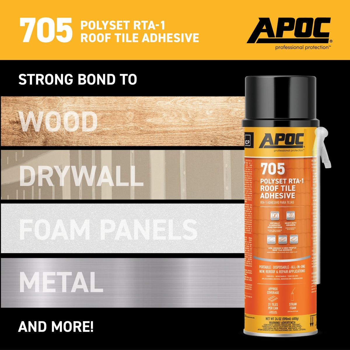 APOC 705 Polyset RTA-1 Roof Tile Adhesive, Off-White, 24 fl oz Straw Foam Can