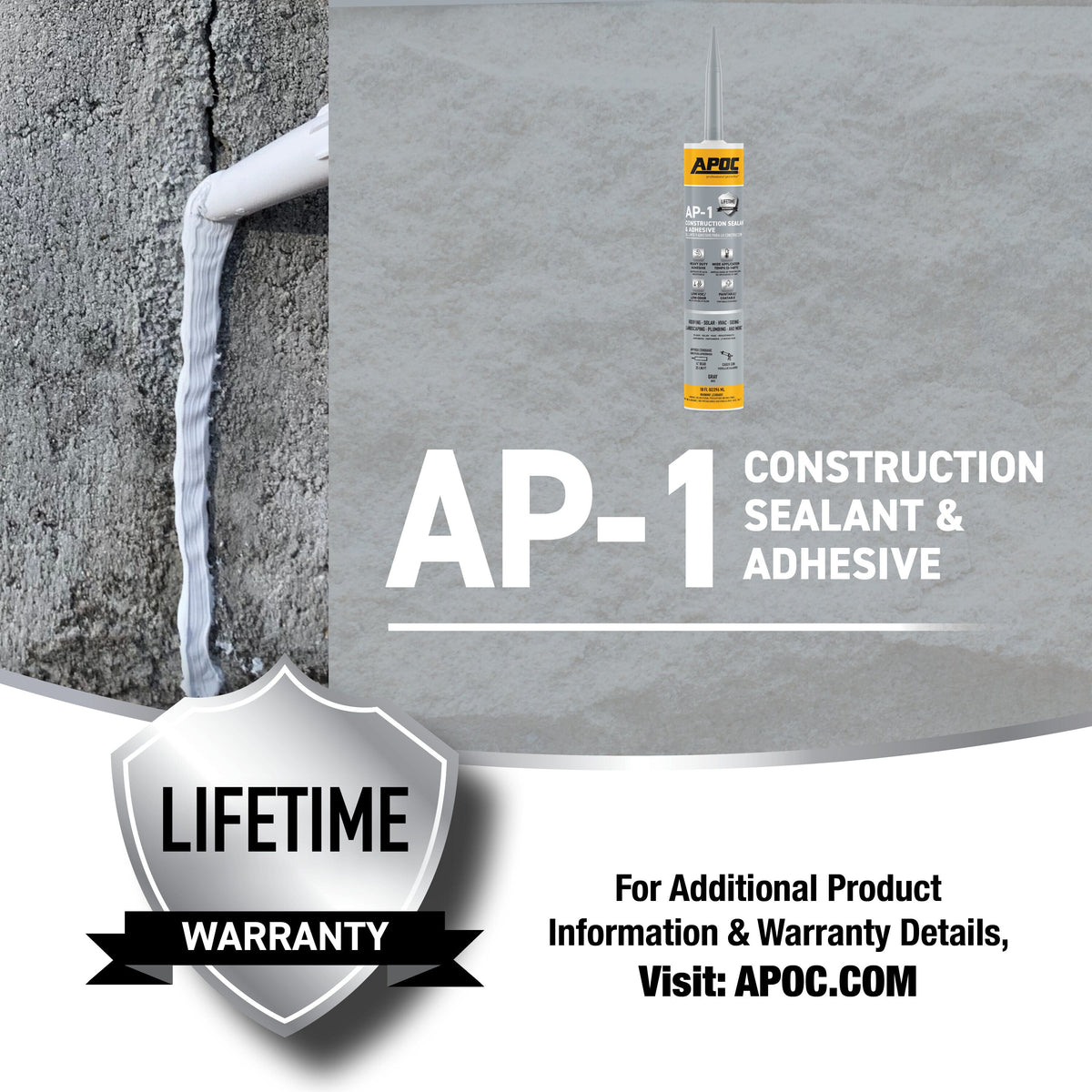 APOC AP-1 10.1-oz Waterproof Roof Sealant – Gray, Low-VOC Construction Sealant & Adhesive