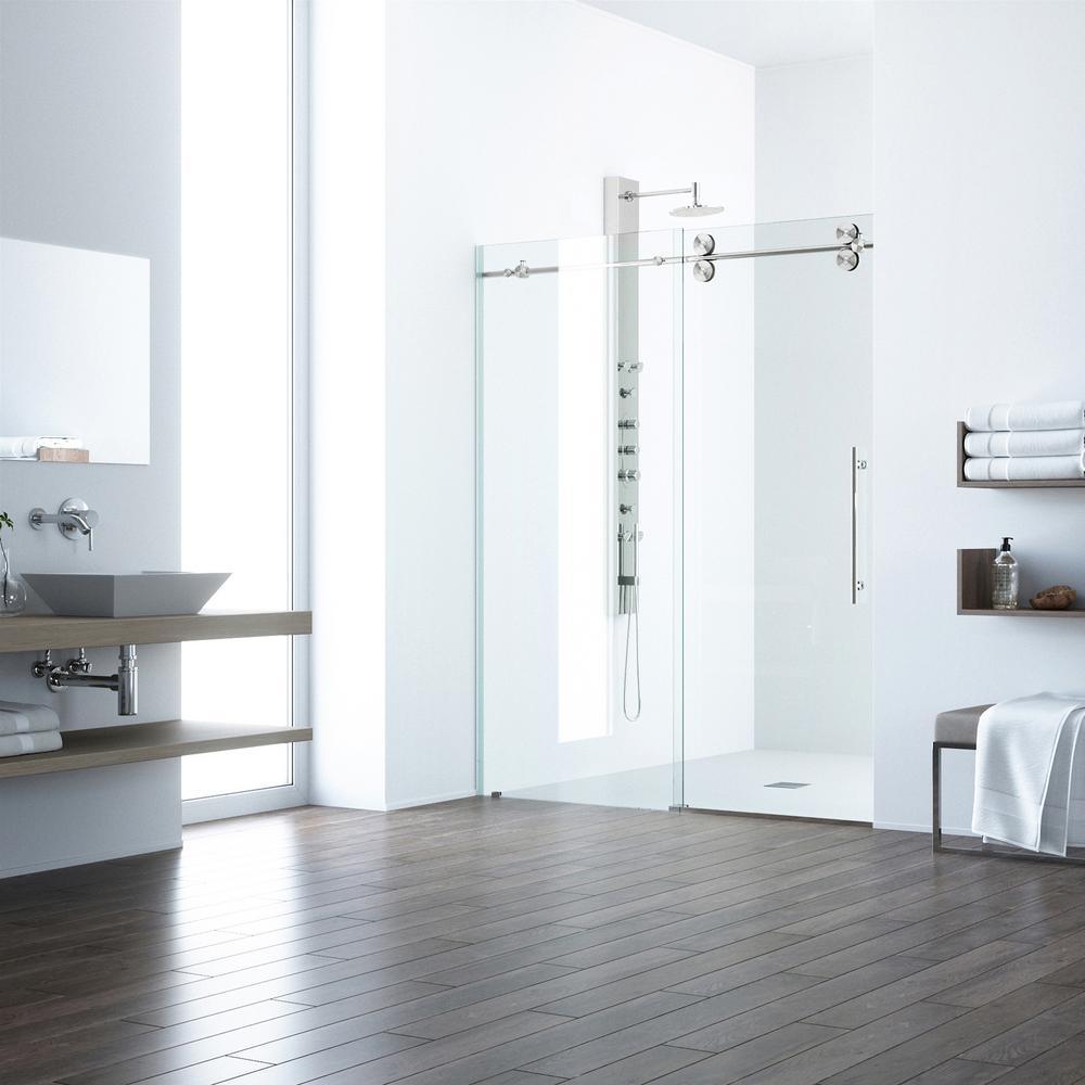 Elan 48 to 52 in. x 74 in. Frameless Sliding Shower Door in Stainless Steel with Clear Glass and Handle - Super Arbor