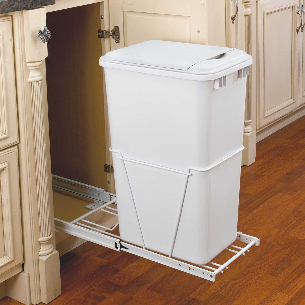 Rev-A-Shelf 50-Quart Plastic Pull-Out Trash Can, White, Single Bin