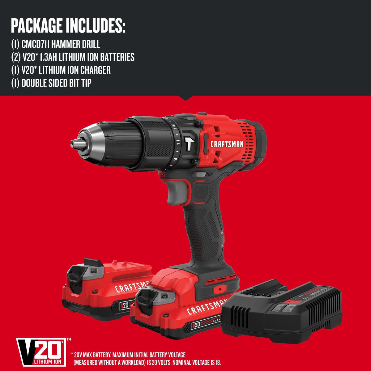 CRAFTSMAN V20 1/2-in 20-Volt Max Variable Speed Cordless Hammer Drill (2 Batteries Included)