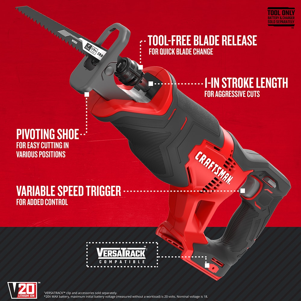 CRAFTSMAN V20 20-Volt Max Variable Speed Cordless Reciprocating Saw, Bare Tool (CMCS300B)