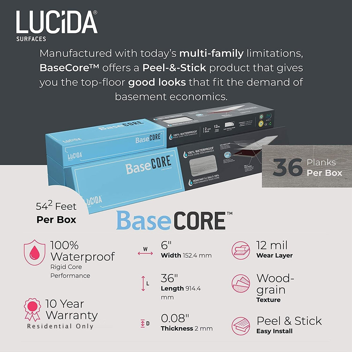 Lucida USA Basecore Cotton Brown 12-mil x 6-in W x 36-in L Waterproof Peel and Stick Vinyl Plank Flooring (54-sq ft/ Carton)