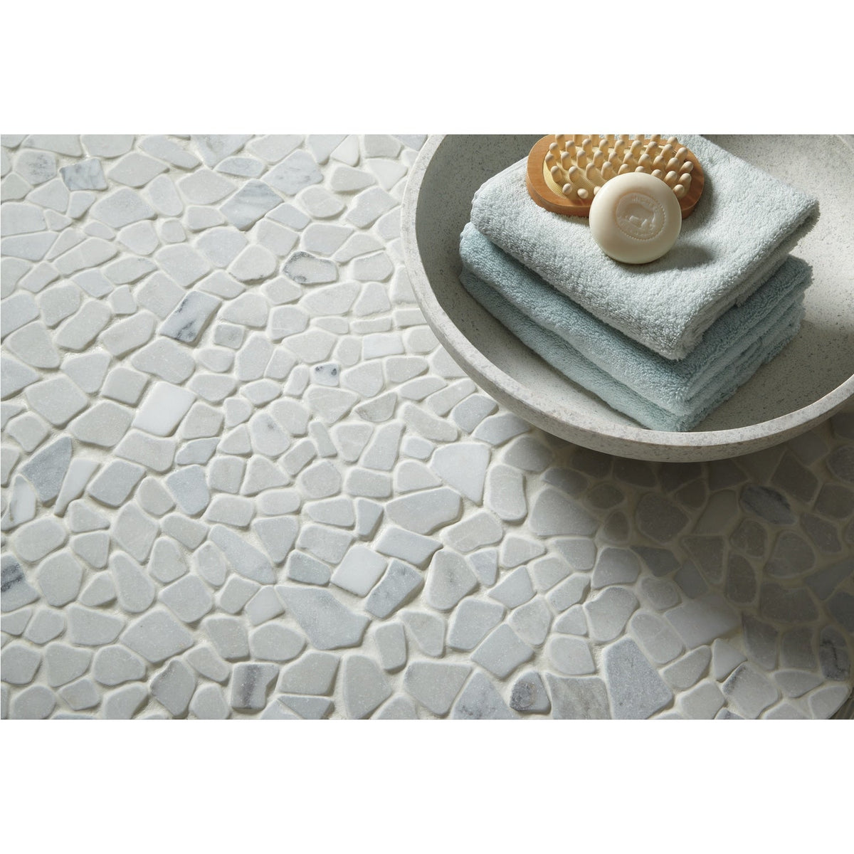 American Olean Genuine Stone Refined White 12-in x 12-in Tumbled Natural Stone Marble Pebble Mosaic Floor and Wall Tile