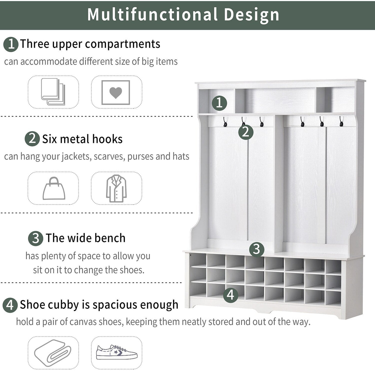 SINOFURN Hall Tree Entryway Bench with Shelves Cabinet