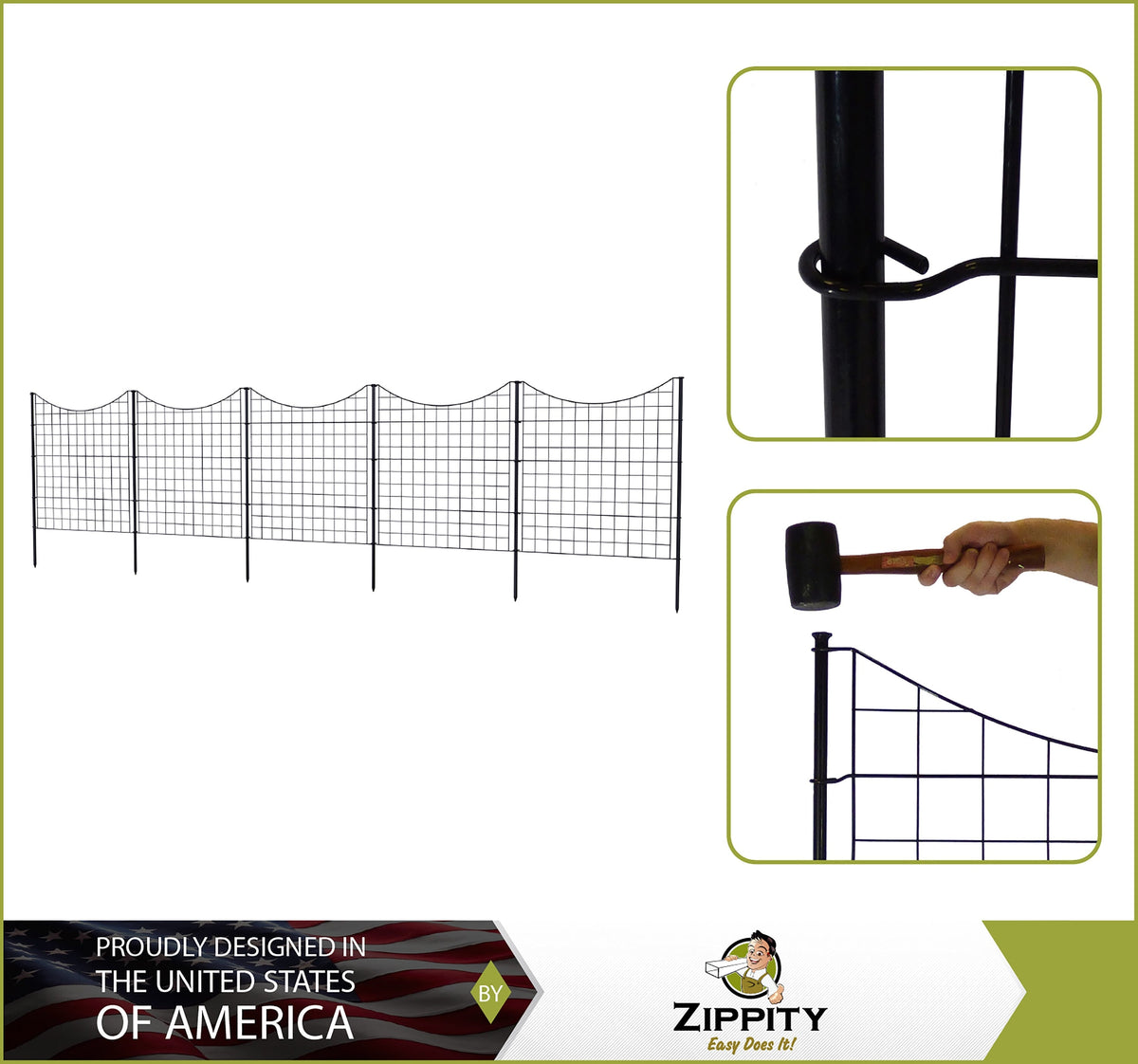 Zippity Outdoor Products 5 Panels 3-ft H x 3-ft W Black Galvanized Iron Scallop No Dig Garden Fence Panel