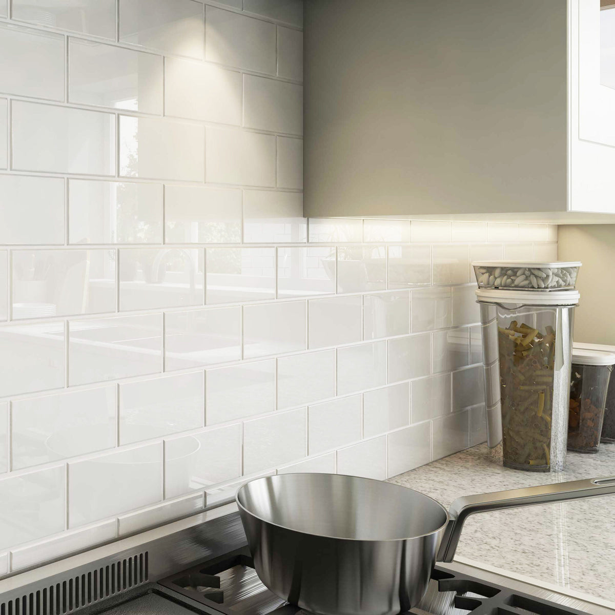 Giorbello Classic Premium Bright White 3-in x 6-in Glossy Glass Subway Wall Tile (5-sq. ft/ Carton)