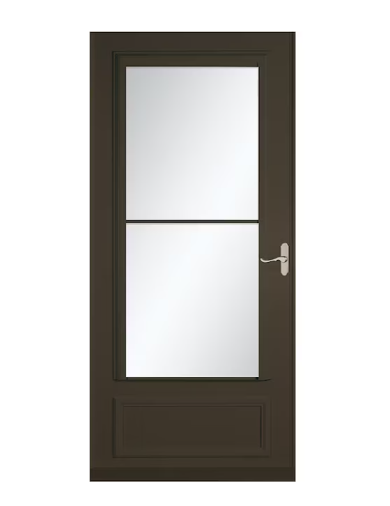LARSON Savannah 36-in x 81-in Brown Mid-view Retractable Screen Wood Core Storm Door with Brushed Nickel Handle