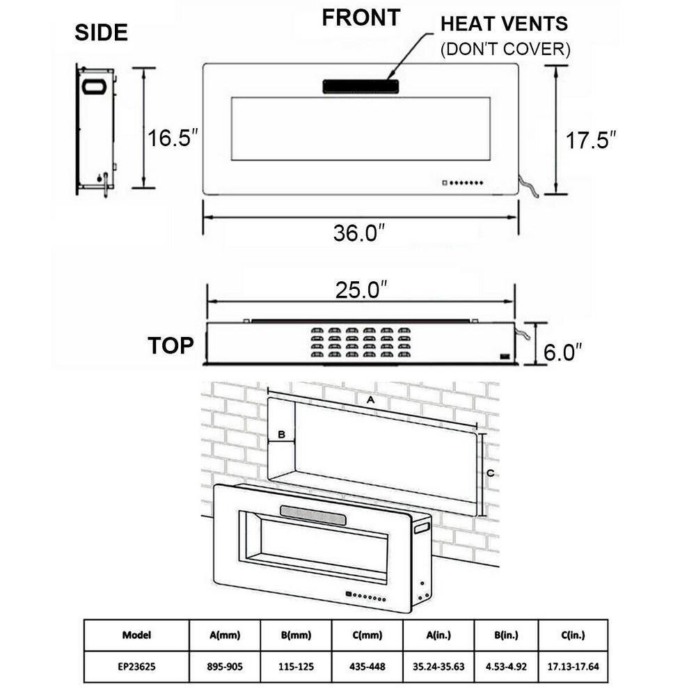 6 in. W Recessed Electric Fireplace In-Wall or Wall Mounted Electric Heater in Black - Super Arbor