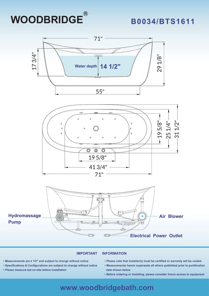 WOODBRIDGE Venezia 71 in. x 31.5 in. Acrylic Whirlpool & Air Combination Freestanding Bathtub in White