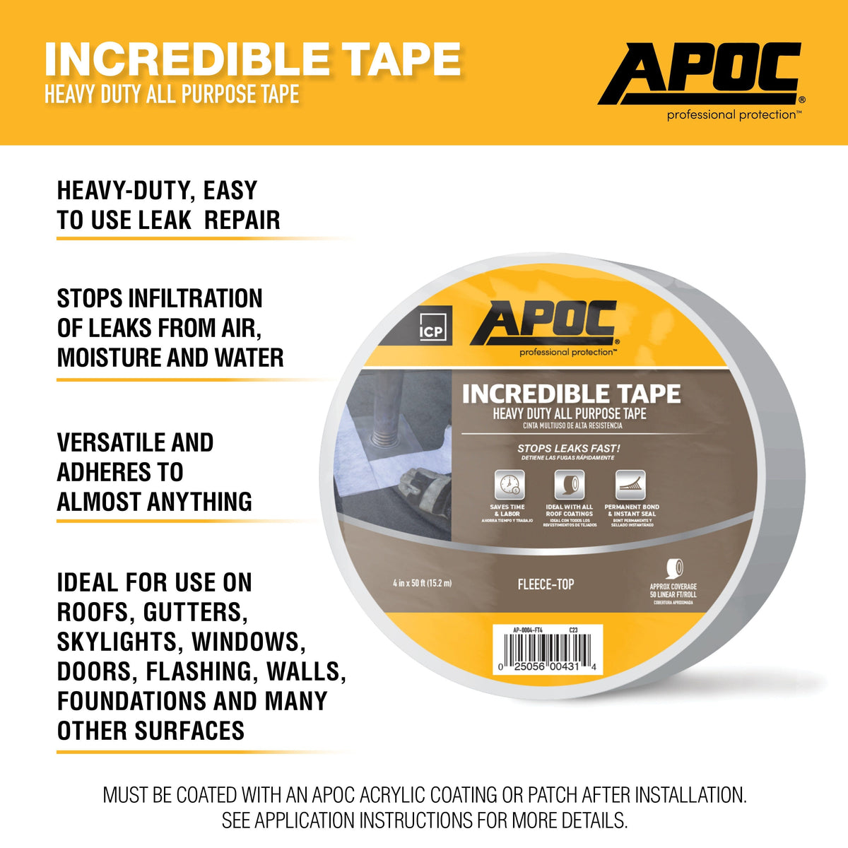 APOC Incredible Tape Fleece-Top Roof Seam Tape, 4 in x 50 ft