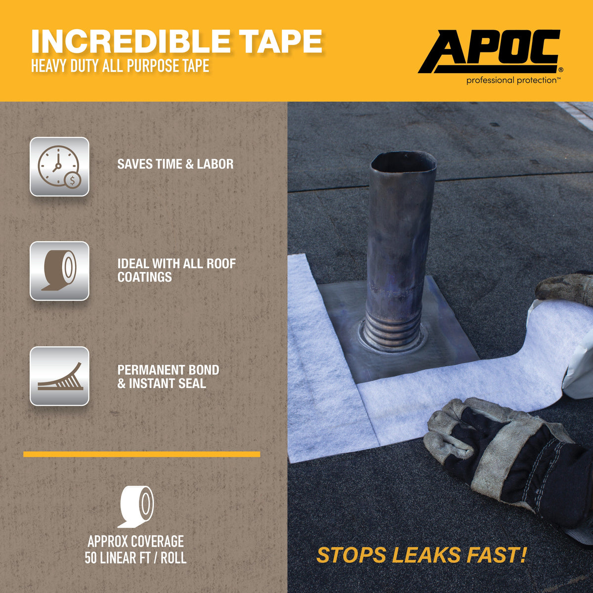 APOC Incredible Tape Fleece-Top Roof Seam Tape, 4 in x 50 ft