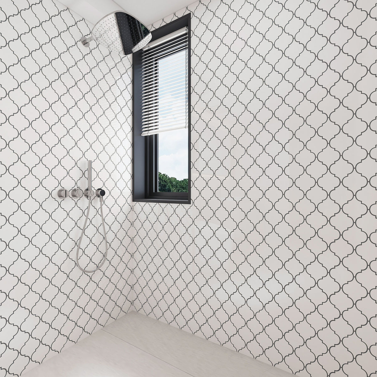 Giorbello (Sample) Glass Arabesque Tiles Bright White 4-1/2-in x 4-1/2-in Glossy Glass Lantern Subway Wall Tile