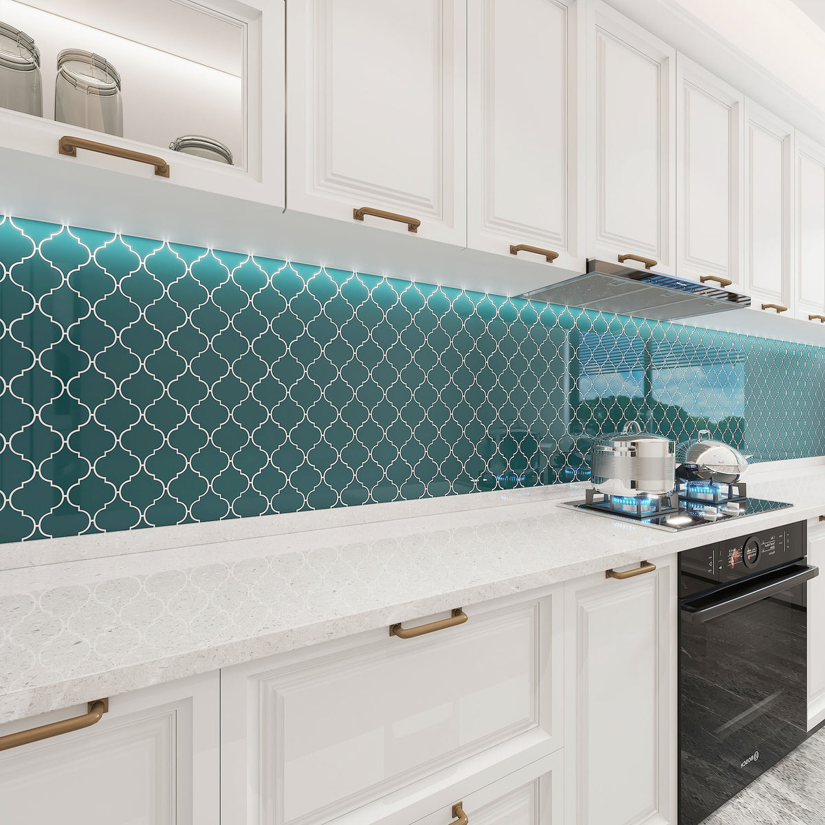 Giorbello Arabesque Mosaic Dark Teal 4-in x 4-in Glossy Glass Wall Tile (7.89-sq. ft/ Carton)