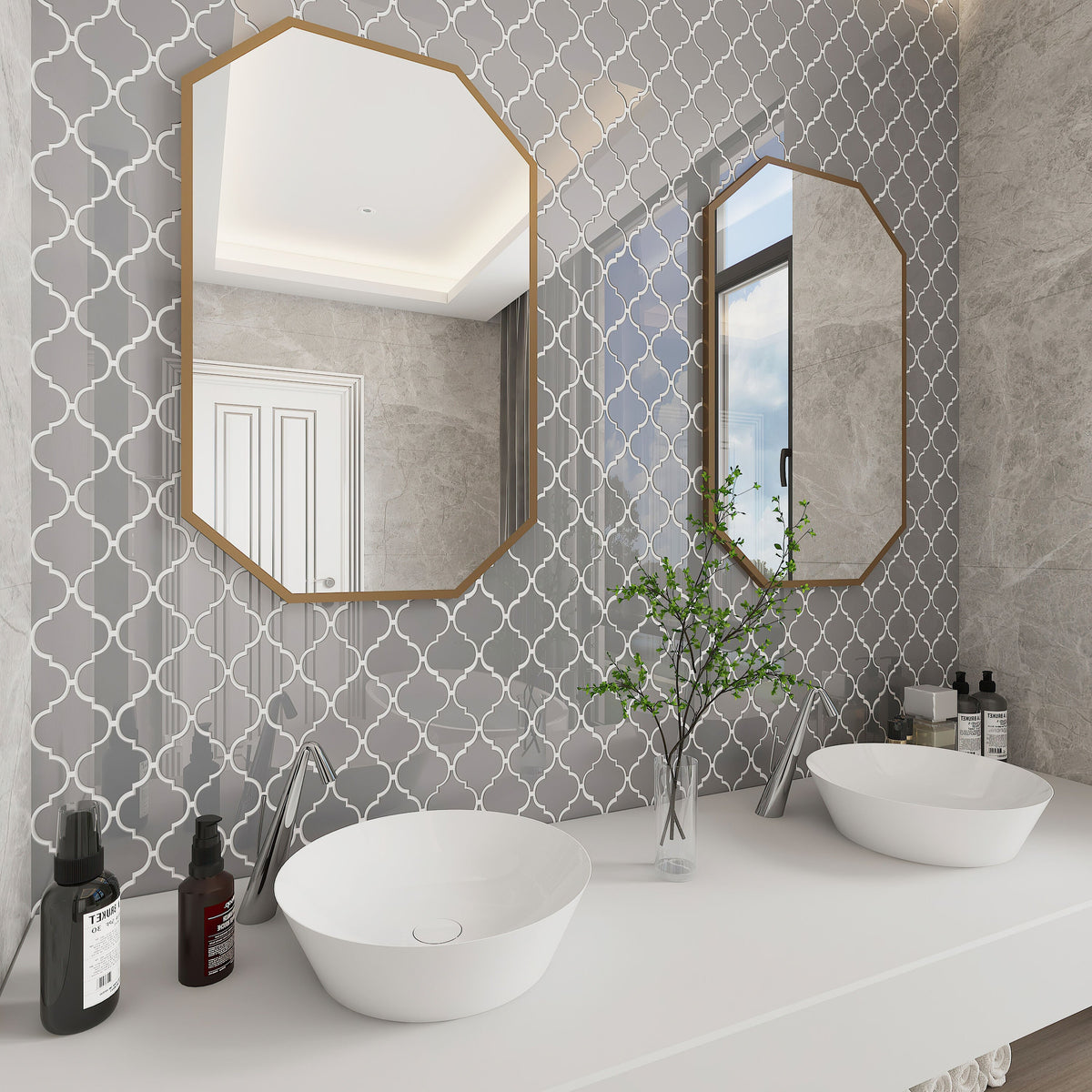 Giorbello Arabesque Mosaic True Gray 4-in x 4-in Glossy Glass Wall Tile (7.89-sq. ft/ Carton)