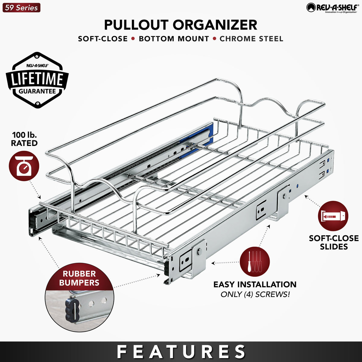 Rev-A-Shelf 11.5-in W x 6-in H Single-Tier Soft-Close Pull-Out Chrome Basket Organizer, 22-in D