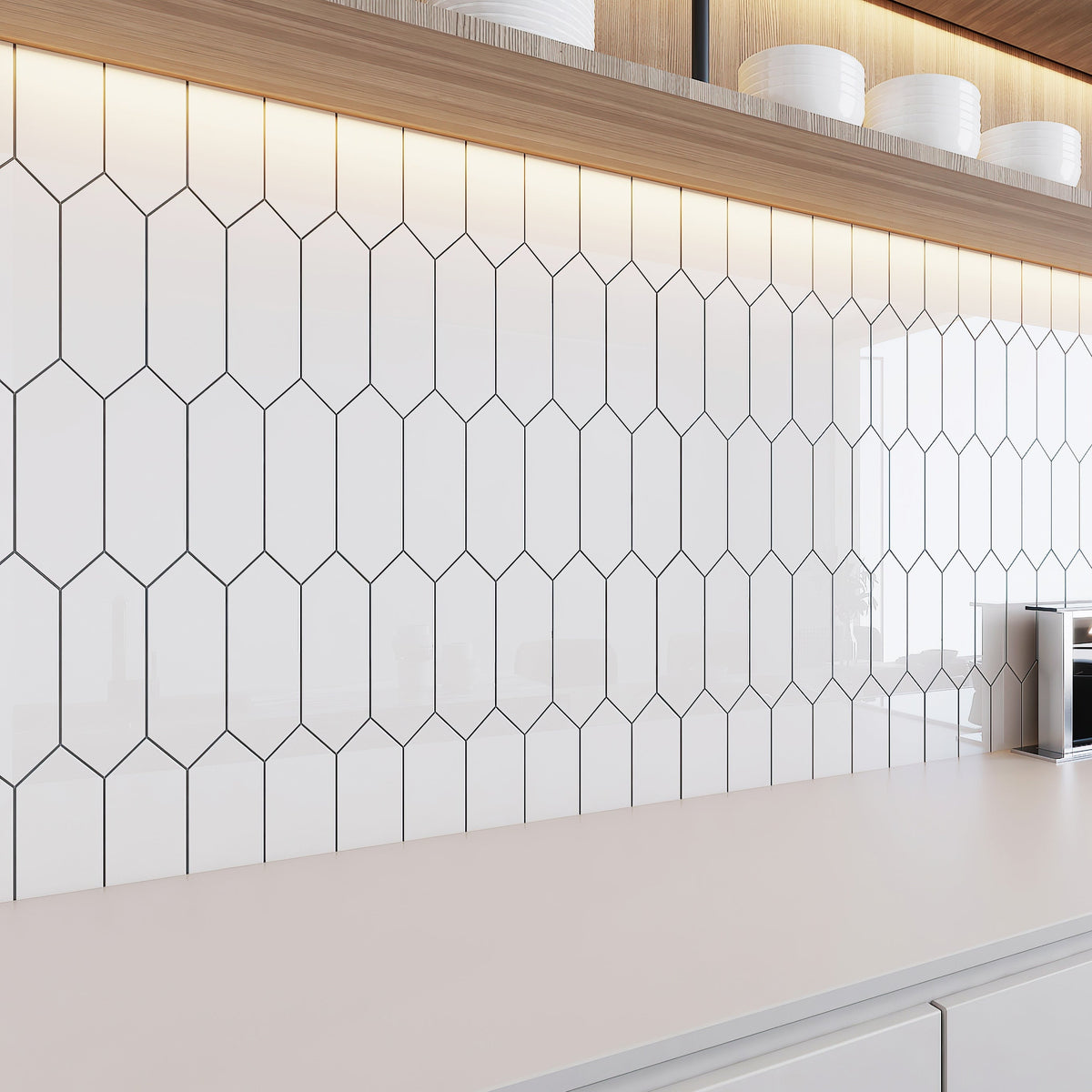 Giorbello Picket Hexagon White 3-in x 9-in Glossy Glass Subway Wall Tile (5.8-sq. ft/ Carton)