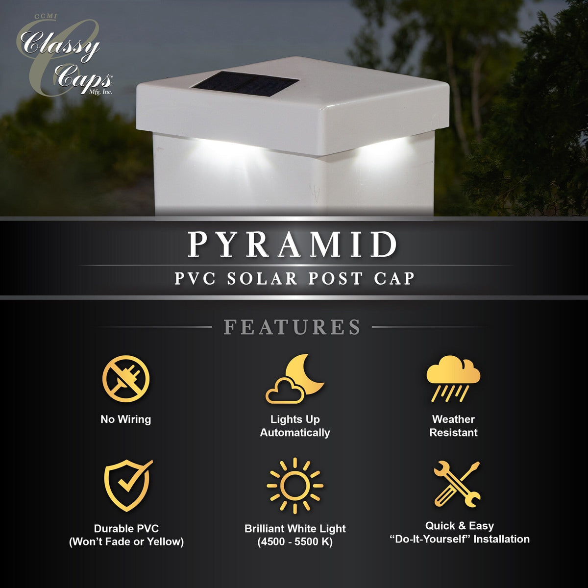 Classy Caps 5-in x 5-in Pyramid White PVC Deck Post Cap