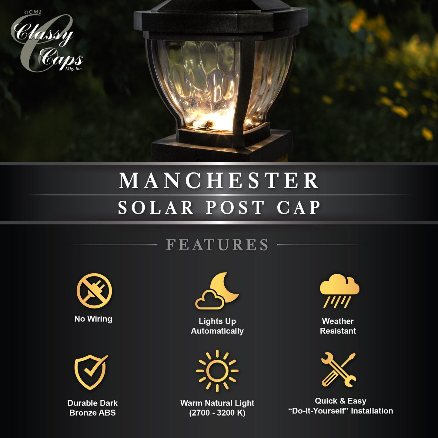 Classy Caps 4-in x 4-in 10-Lumen 0.2-Watt Dark Bronze Solar LED Outdoor Post Cap Light (2700 K)