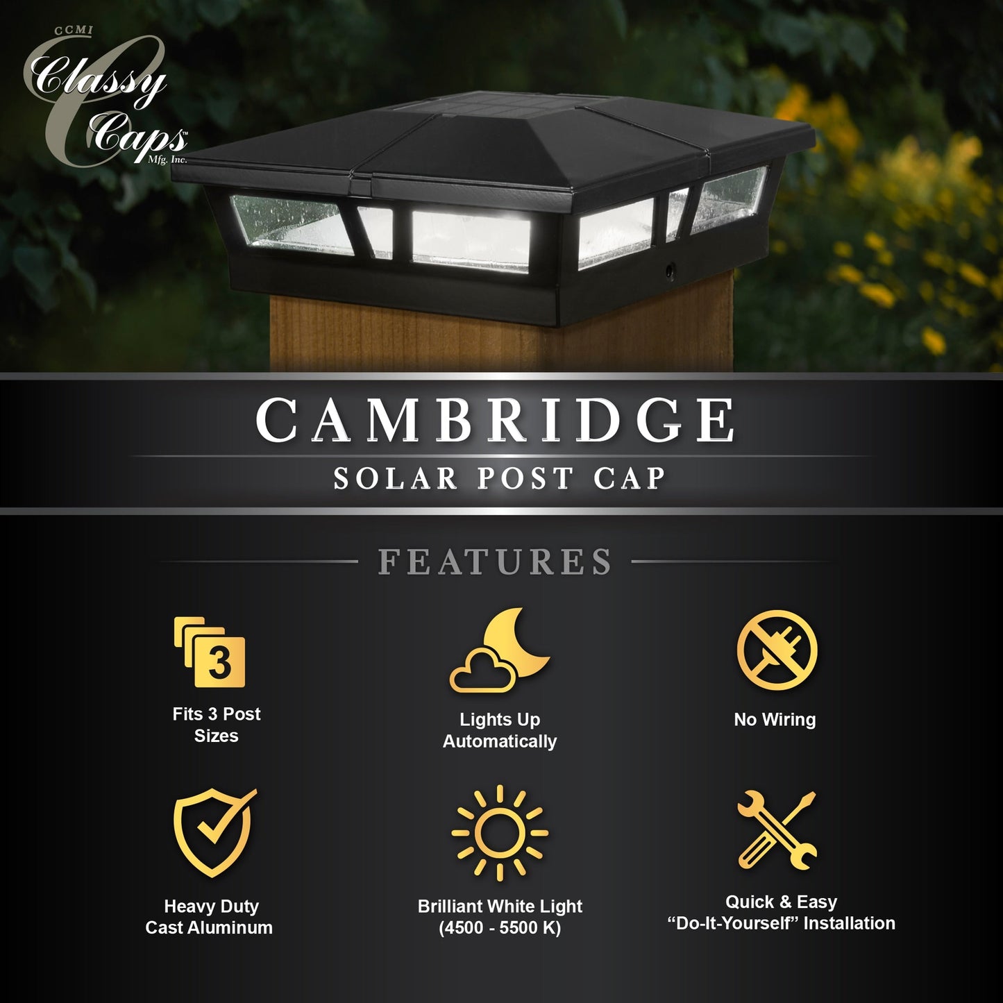 Classy Caps 5-in x 5-in 10-Lumen 1-Watt Black Powder Coated Aluminum Solar LED Outdoor Post Cap Light (4500 K)