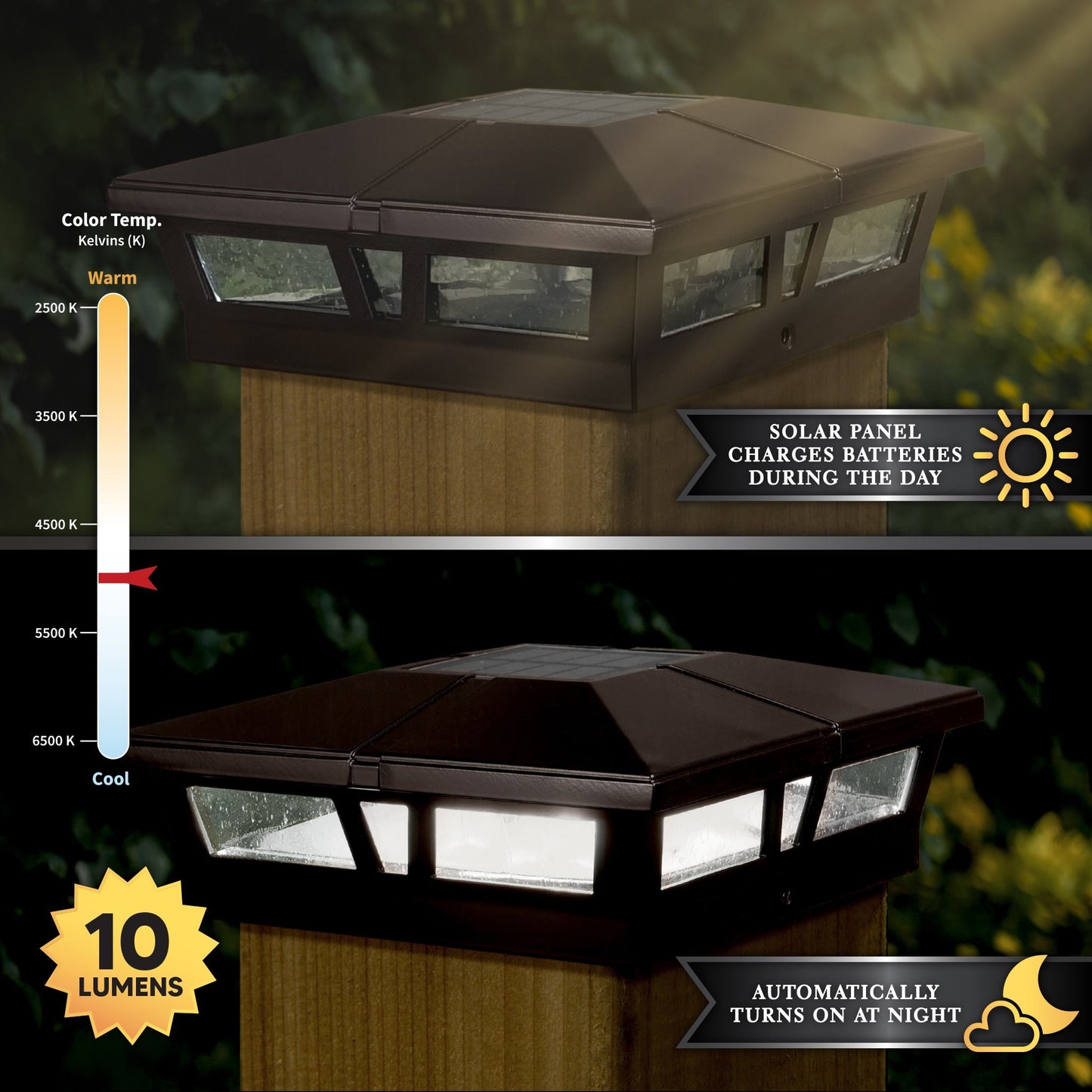 Classy Caps 6-in x 6-in 10-Lumen 1-Watt Brown Powder Coated Aluminum Solar LED Outdoor Post Cap Light (4500 K)