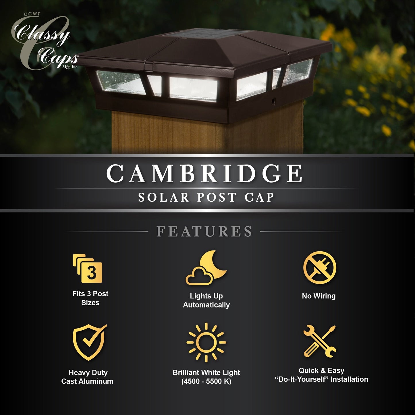Classy Caps 6-in x 6-in 10-Lumen 1-Watt Brown Powder Coated Aluminum Solar LED Outdoor Post Cap Light (4500 K)