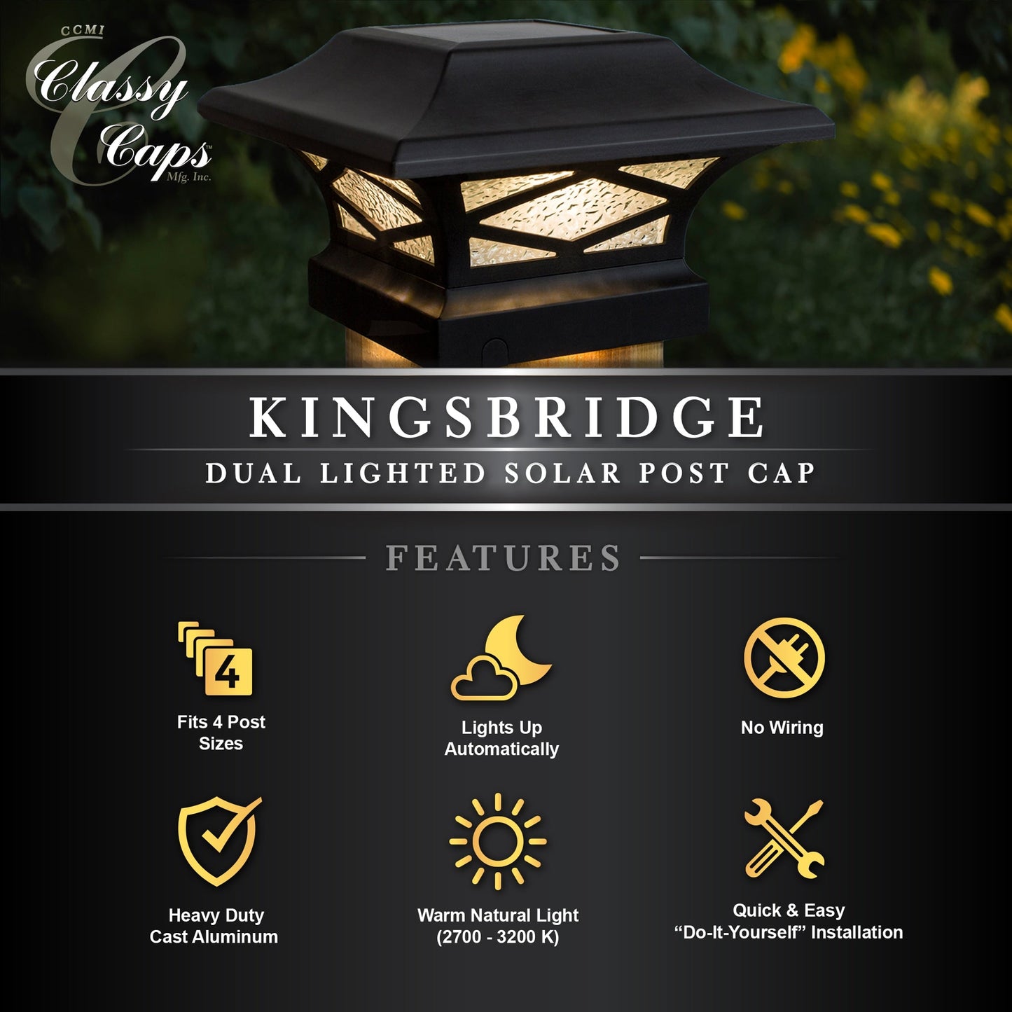 Classy Caps 4-in x 4-in 20-Lumen 0.2-Watt Black Solar LED Outdoor Post Cap Light (2700 K)