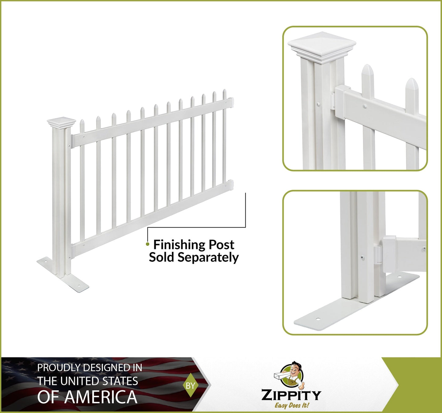 Zippity Outdoor Products Kensington Hinged Portable Event 3-ft H x 5.5-ft W White Vinyl Picket Fence Rail No Dig (Unassembled)